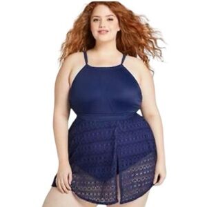 NWT Cacique Navy Blue No Wire Swim Dress Crochet Mesh Skirt Size 26 Reg. $96